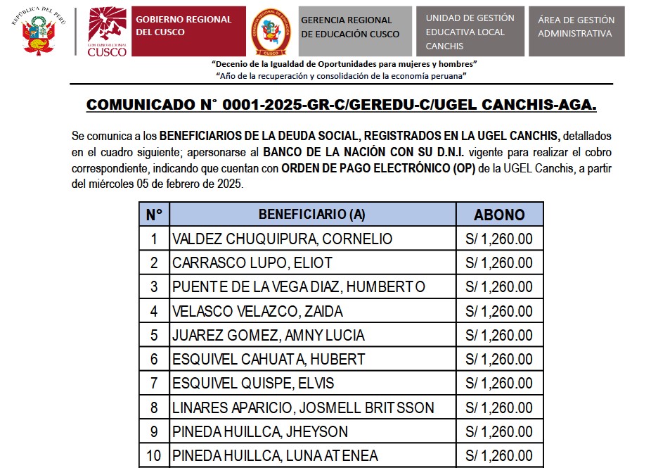 COMUNICADO N° 0001-2025-GR-C/GEREDU-C/UGEL CANCHIS-AGA.